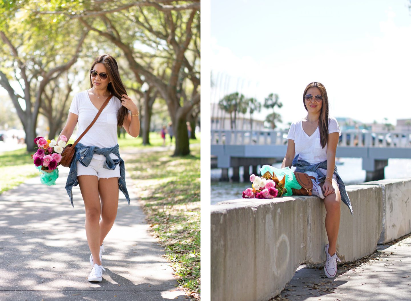 Madewell Denim Jacket, Chloe Mini Marcie, White Denim Shorts 