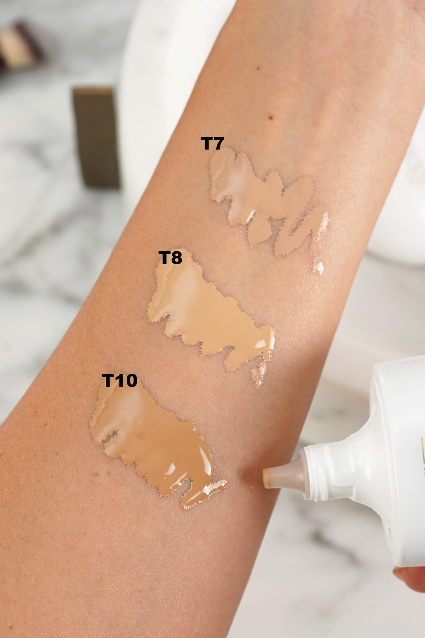 Lisa Eldridge Seamless Skin Enhancing Tint swatches T7, T8 and T10