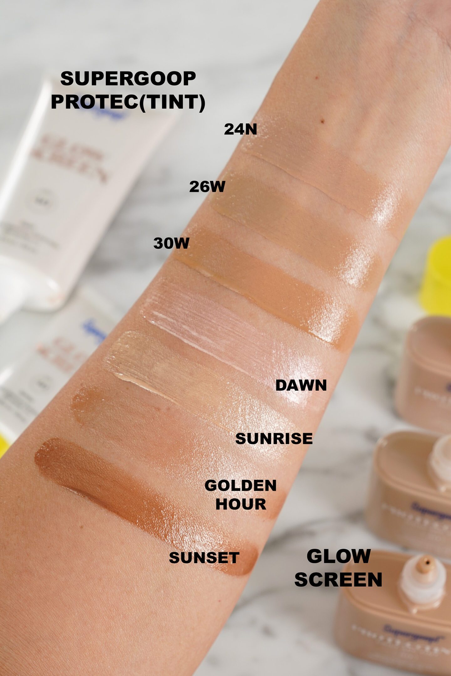 Supergoop! Protec(tint) SPF 50 in 24N, 26W, 30W and GlowScreen swatches